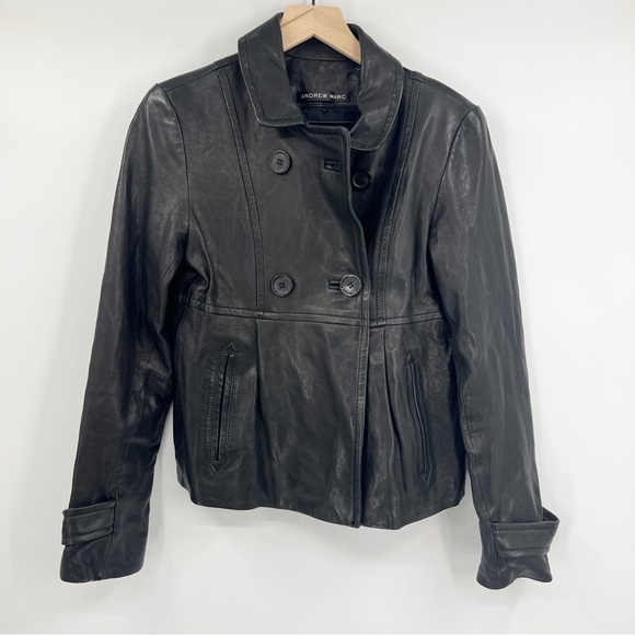 Andrew Marc Black Leather Waist Length Double Breasted Black Jacket Size S - Picture 1 of 6